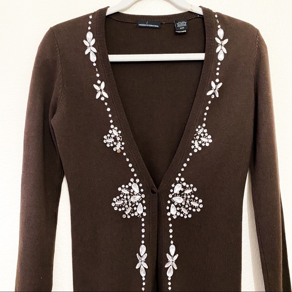 Moda Int Brown Cashmere Rhinestones Cardigan XXS - Picture 7 of 7